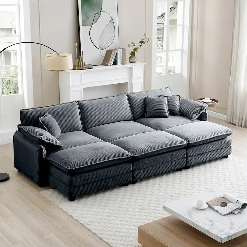 Divano componibile letto modulare a 6 pezzi rivestito in velluto a coste con 3 pouf rimovibili e 5 cuscini