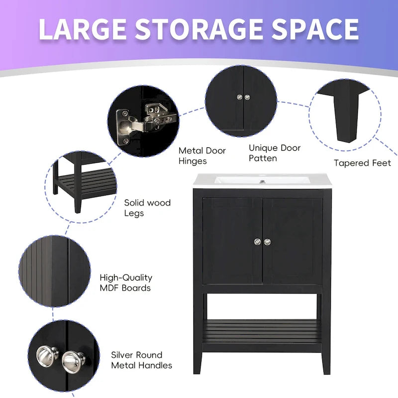 24 Modern Vanity with Ceramic Sink, Wooden Frame and Open Shelf Storage Cabinet, Suitable for Dressing Room, Bathroom