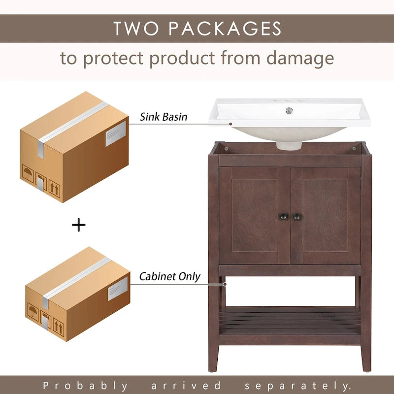 24 Mobile bagno moderno con lavabo in ceramica, struttura in legno e mobile con ripiani a giorno, adatto per cabina armadio, bagno