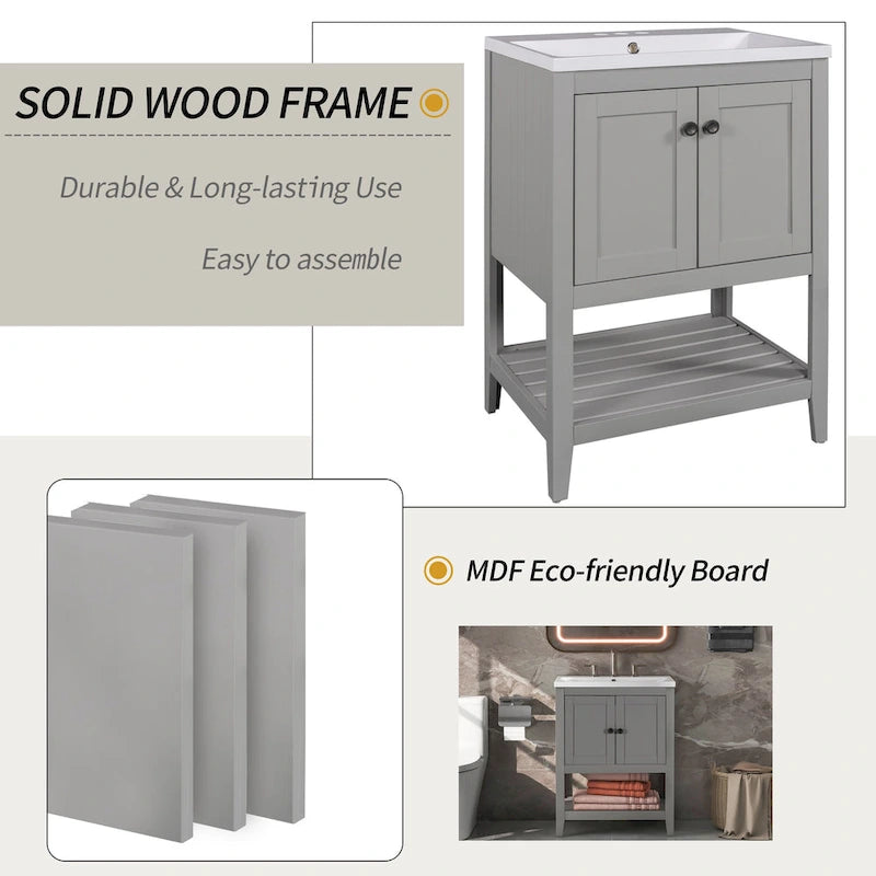 24 Mobile bagno moderno con lavabo in ceramica, struttura in legno e mobile con ripiani a giorno, adatto per cabina armadio, bagno