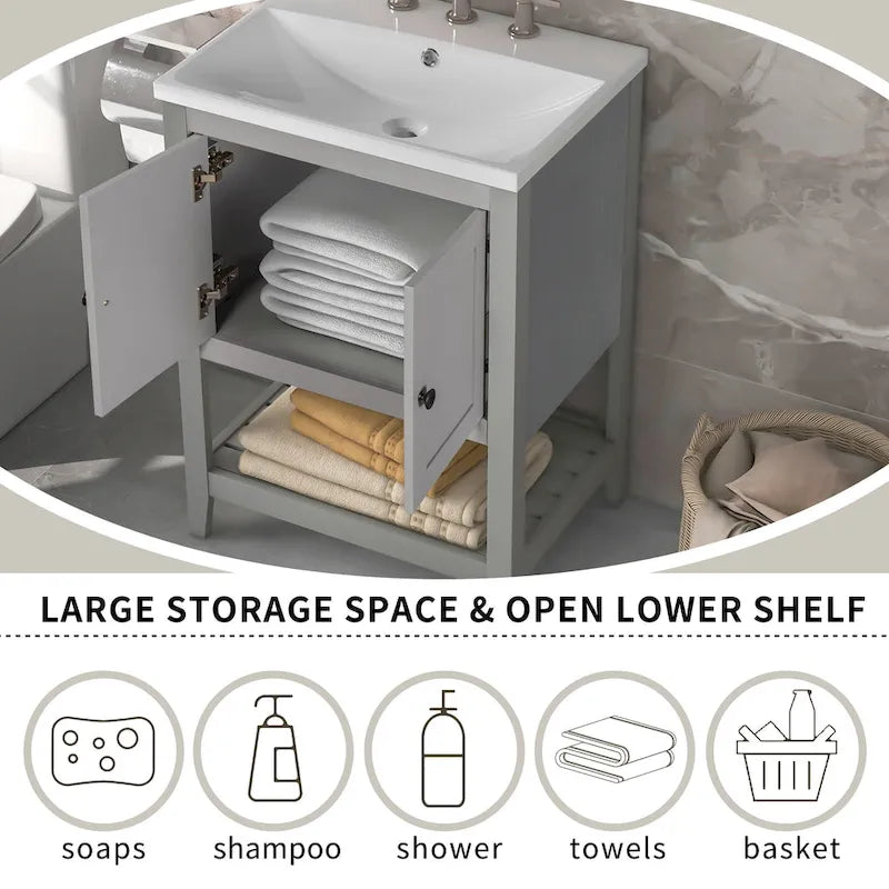 24 Mobile bagno moderno con lavabo in ceramica, struttura in legno e mobile con ripiani a giorno, adatto per cabina armadio, bagno