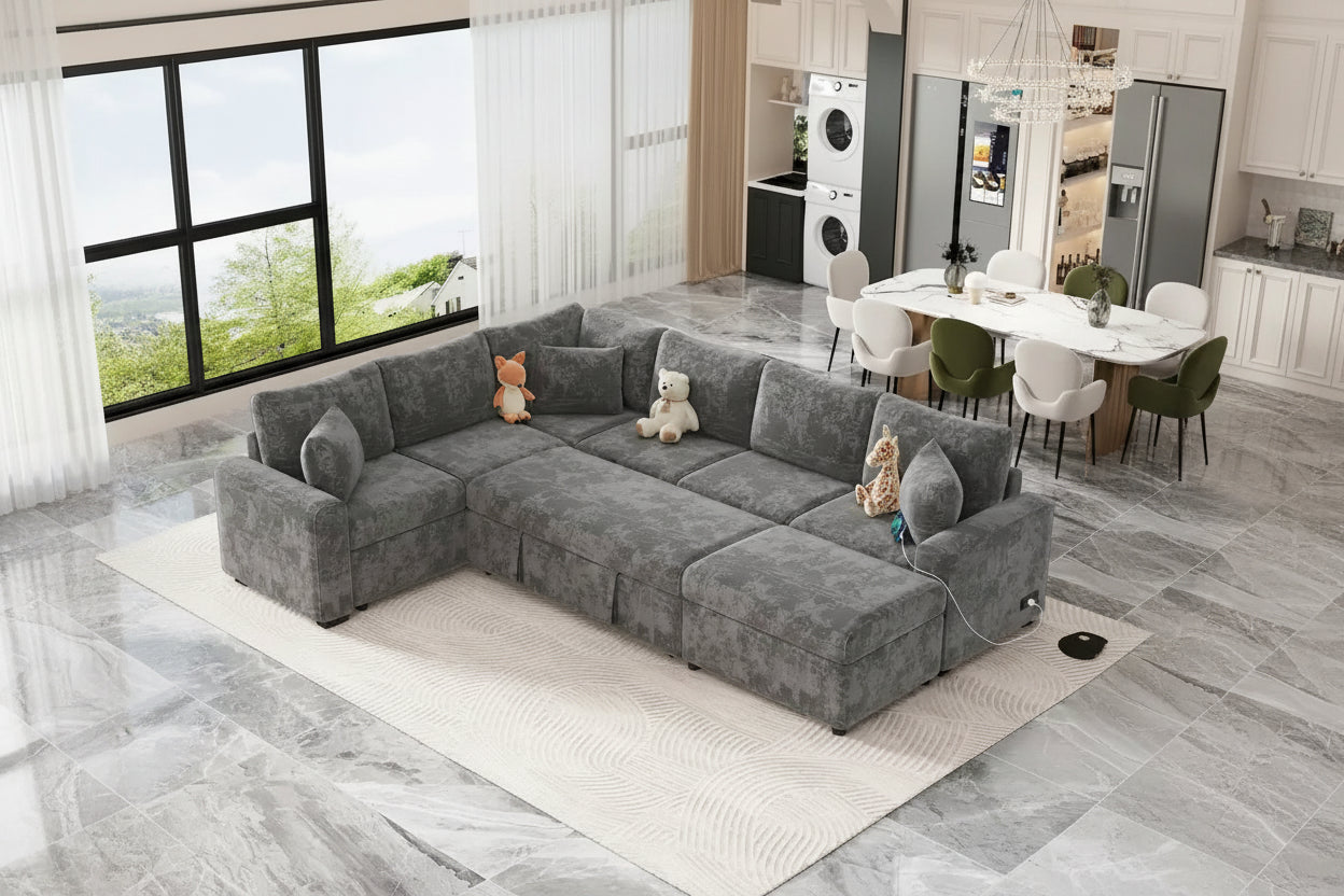 Divano sezionale in ciniglia con letto estraibile, divano letto a L con pouf contenitore, 3 cuscini e dispositivi di ricarica