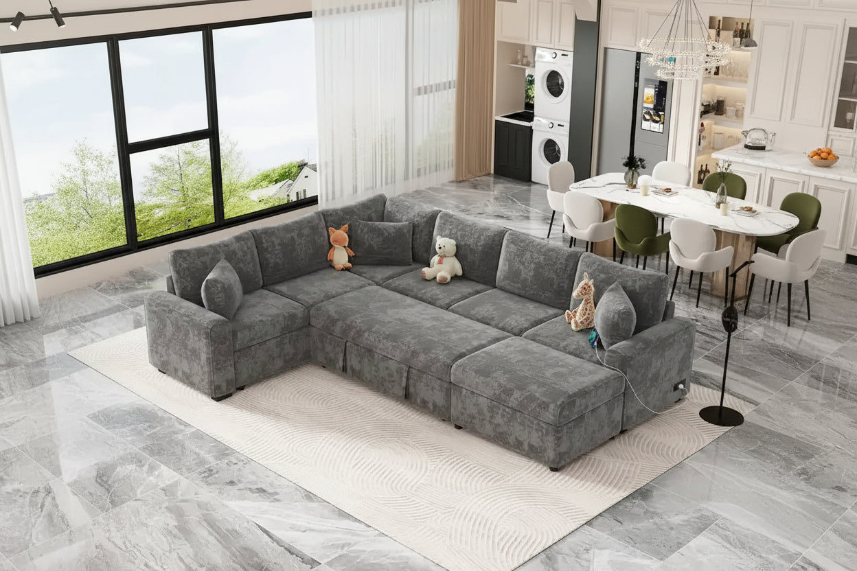 Divano sezionale in ciniglia con letto estraibile, divano letto a L con pouf contenitore, 3 cuscini e dispositivi di ricarica