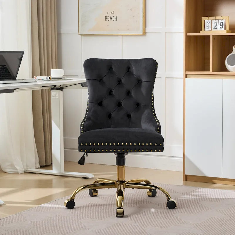 Sedia da ufficio in velluto grigio trapuntata con base in metallo dorato - Sedia da scrivania girevole regolabile