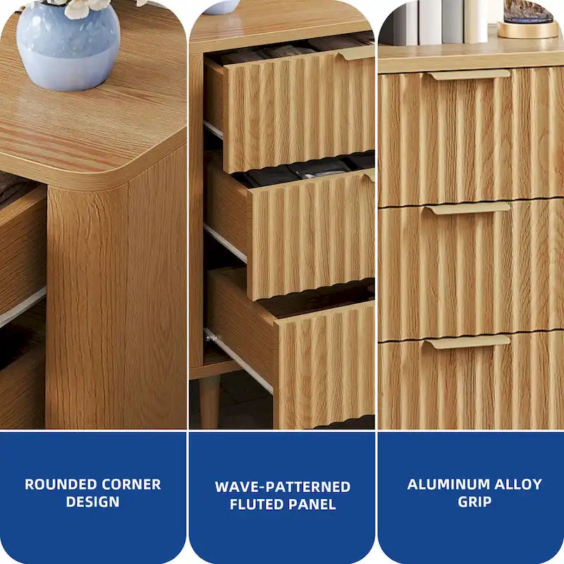 Comodino a 6 cassetti in legno con pannello scanalato a onda