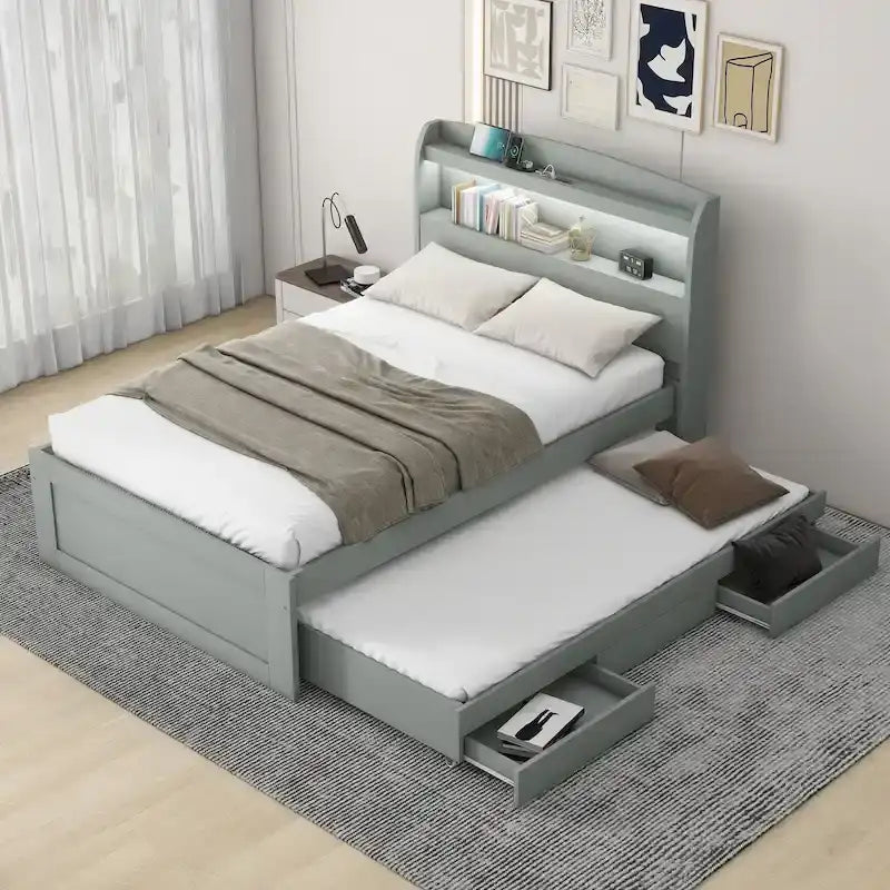 Letto a piattaforma una piazza e mezza con testiera a LED e cassetti