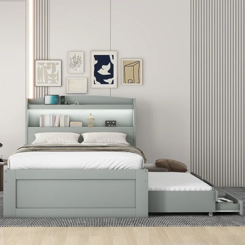 Letto a piattaforma una piazza e mezza con testiera a LED e cassetti