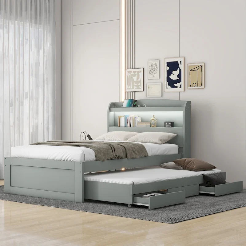 Letto a piattaforma una piazza e mezza con testiera a LED e cassetti