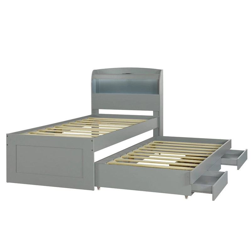 Letto a piattaforma una piazza e mezza con testiera a LED e cassetti