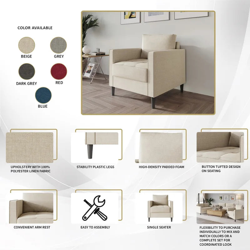 Set di 3 mobili da soggiorno contemporanei minimalisti rivestiti in lino