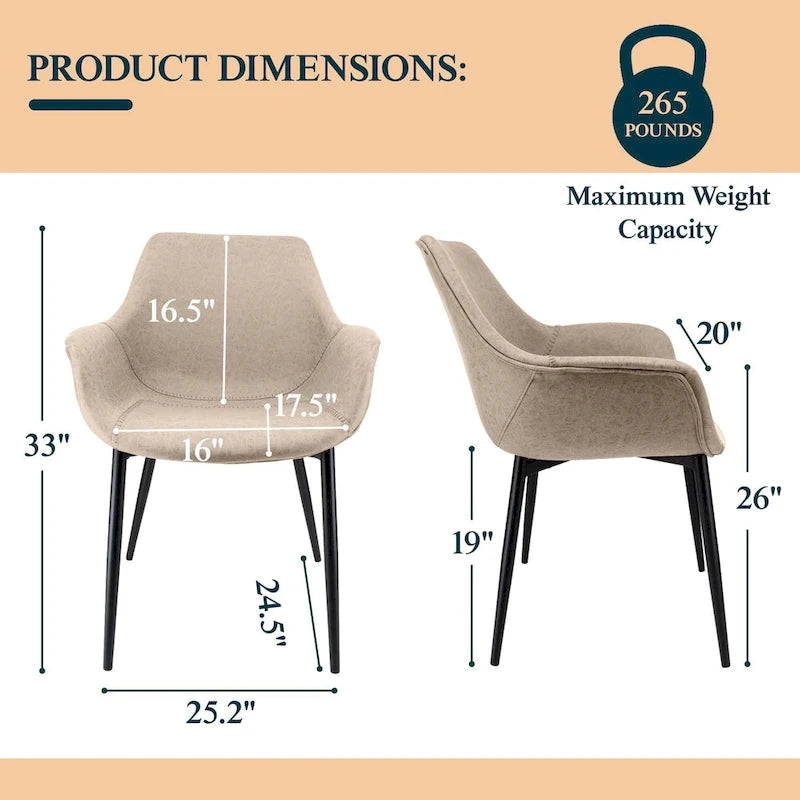 Sedia da pranzo con braccioli e gambe in metallo, set da 2 - Verde oliva - 24,5Px25,2Lx33A