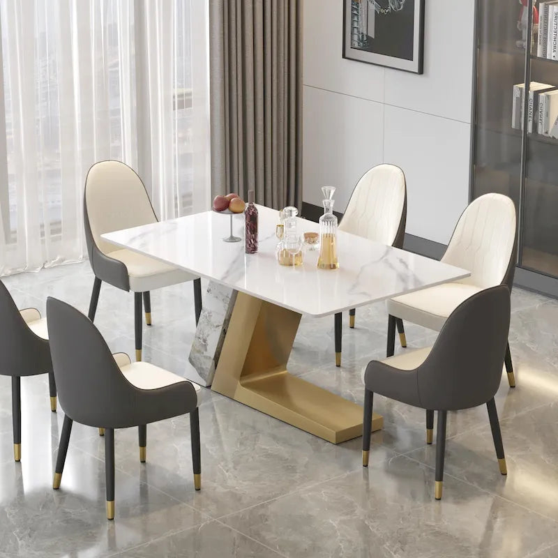 Tavolo da pranzo moderno con piano rettangolare in pietra sinterizzata bianca e gambe in metallo - 160/180/200 cm