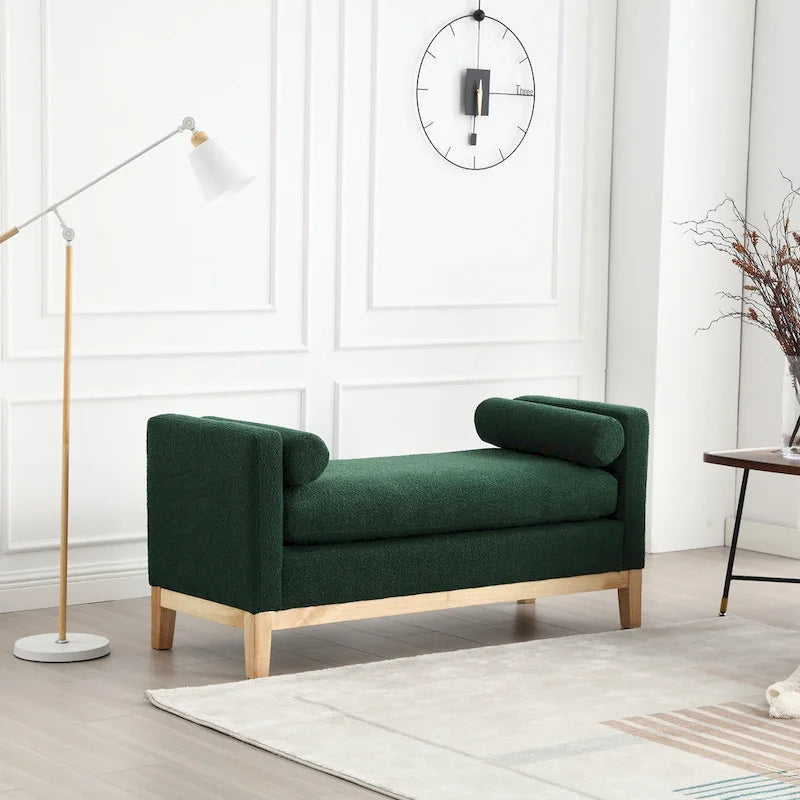Elegante panca imbottita, con gambe in legno
