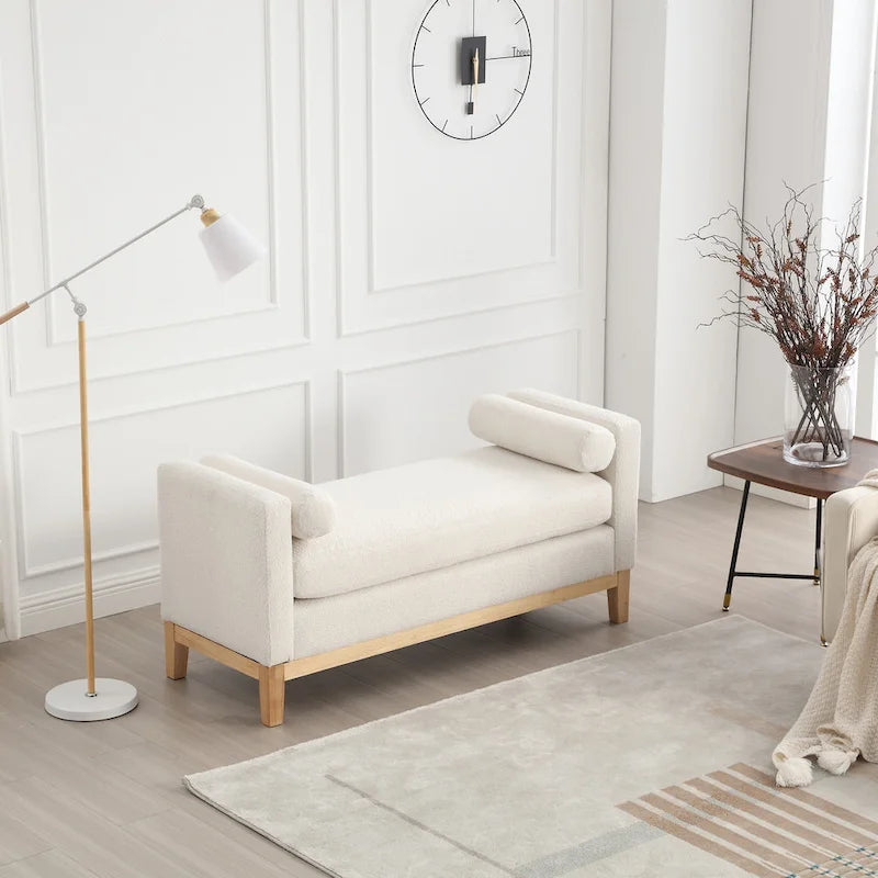 Elegante panca imbottita, con gambe in legno
