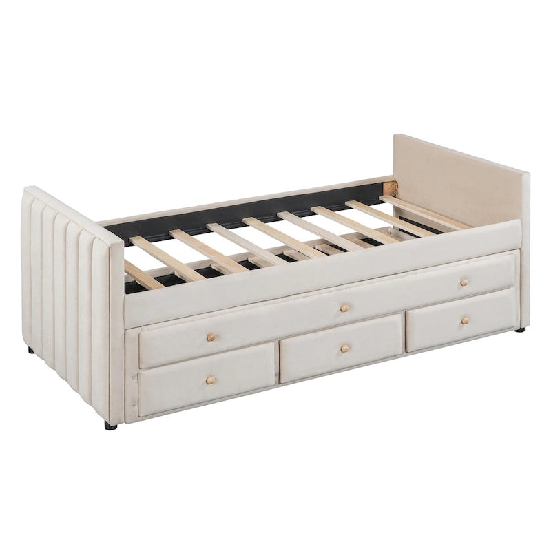 Divano letto imbottito singolo con rotelle e cassetti, in velluto, beige
