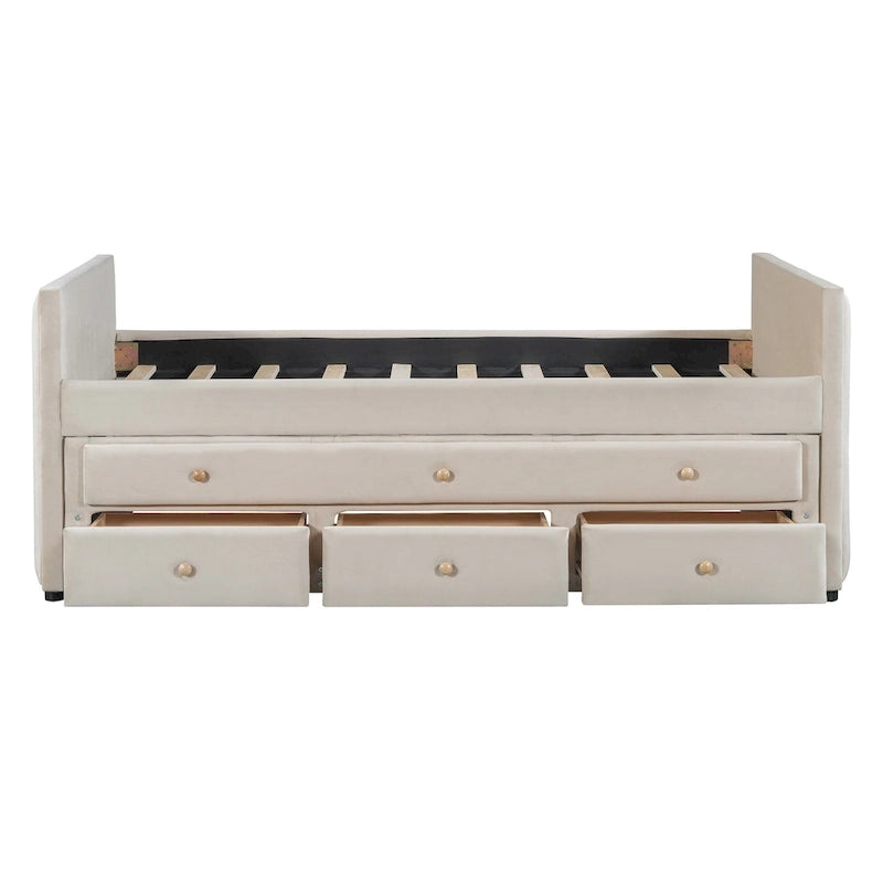 Divano letto imbottito singolo con rotelle e cassetti, in velluto, beige