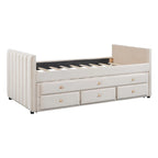 Divano letto imbottito singolo con rotelle e cassetti, in velluto, beige