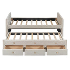 Divano letto imbottito singolo con rotelle e cassetti, in velluto, beige