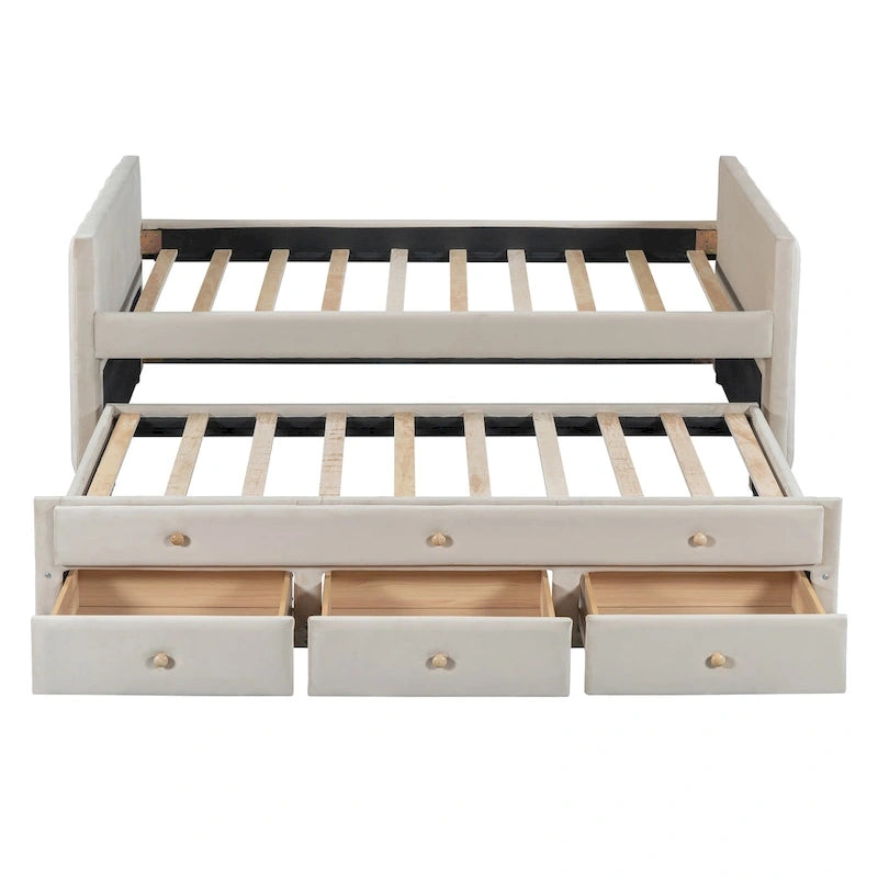 Divano letto imbottito singolo con rotelle e cassetti, in velluto, beige