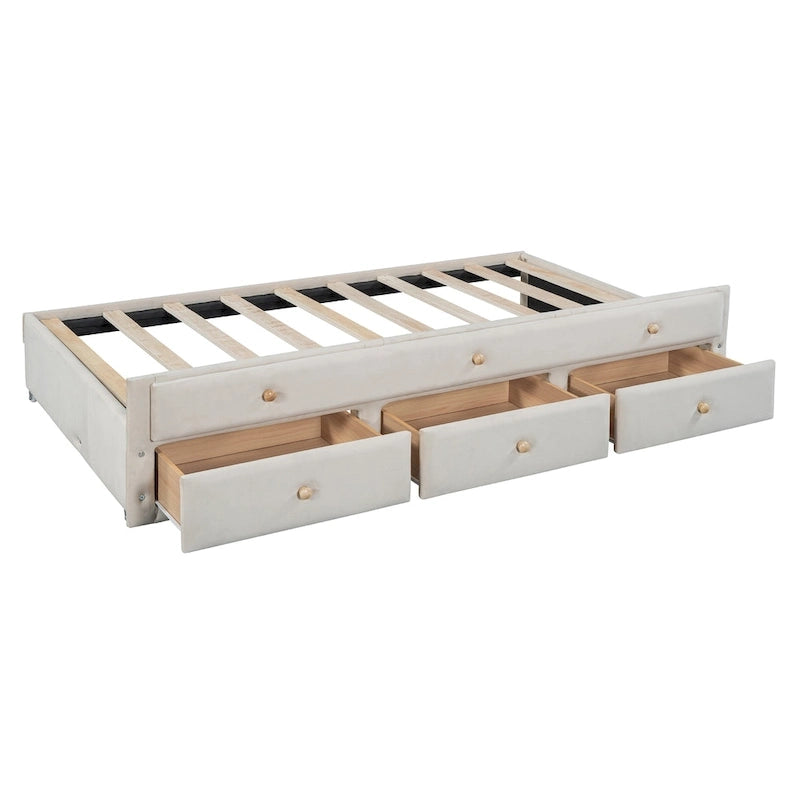 Divano letto imbottito singolo con rotelle e cassetti, in velluto, beige