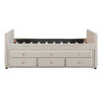 Divano letto imbottito singolo con rotelle e cassetti, in velluto, beige