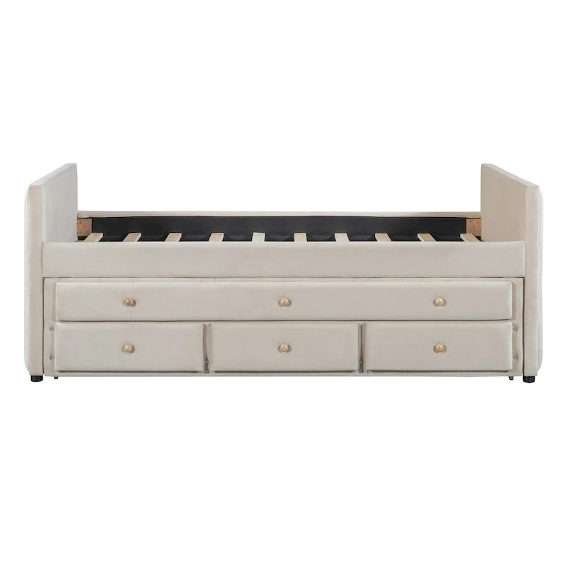 Divano letto imbottito singolo con rotelle e cassetti, in velluto, beige