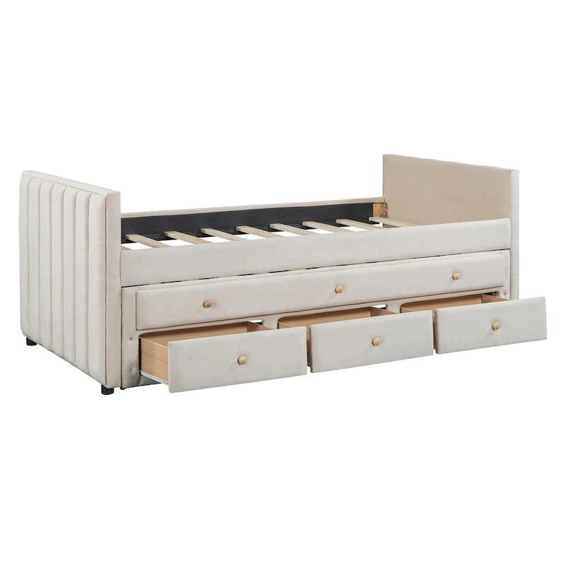 Divano letto imbottito singolo con rotelle e cassetti, in velluto, beige