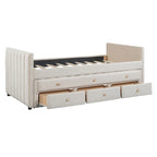 Divano letto imbottito singolo con rotelle e cassetti, in velluto, beige