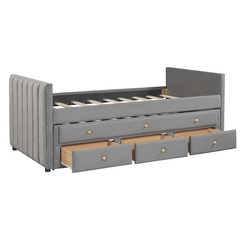 Divano letto imbottito singolo con rotelle e cassetti, in velluto, beige