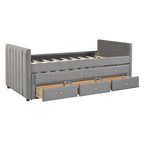 Divano letto imbottito singolo con rotelle e cassetti, in velluto, beige