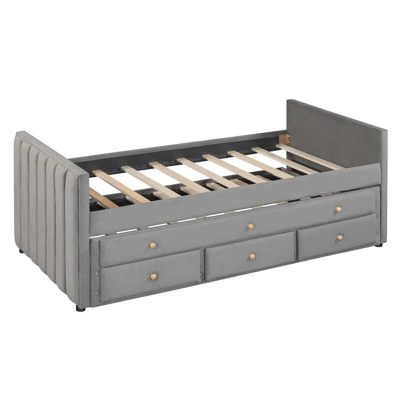 Divano letto imbottito singolo con rotelle e cassetti, in velluto, beige