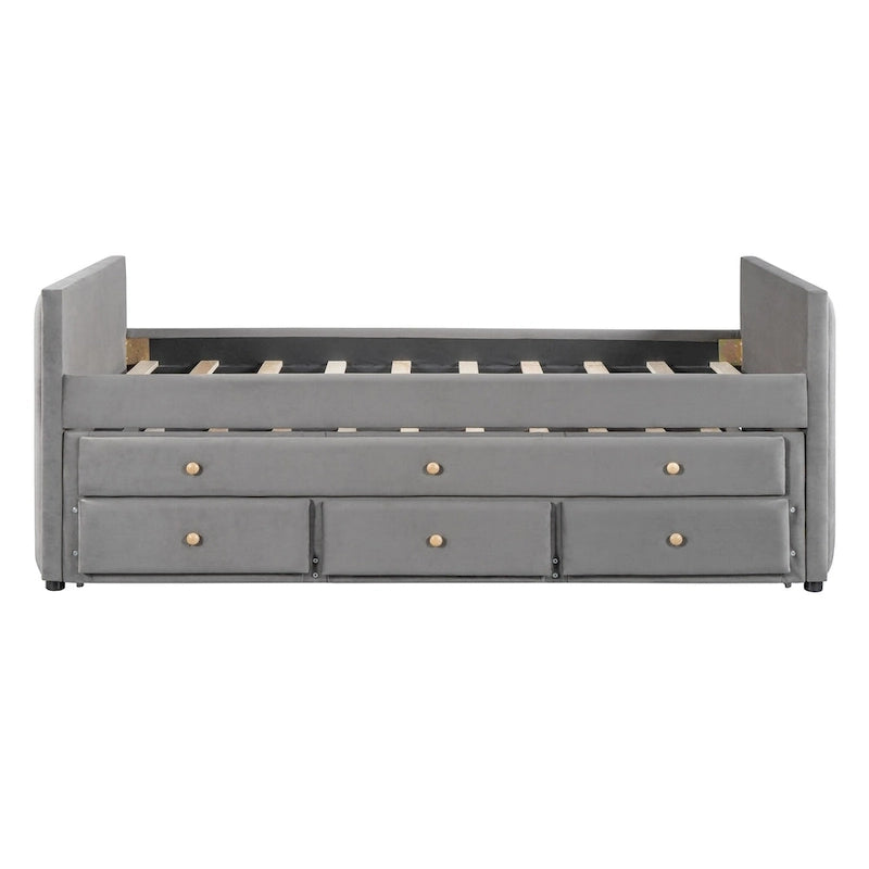 Divano letto imbottito singolo con rotelle e cassetti, in velluto, beige