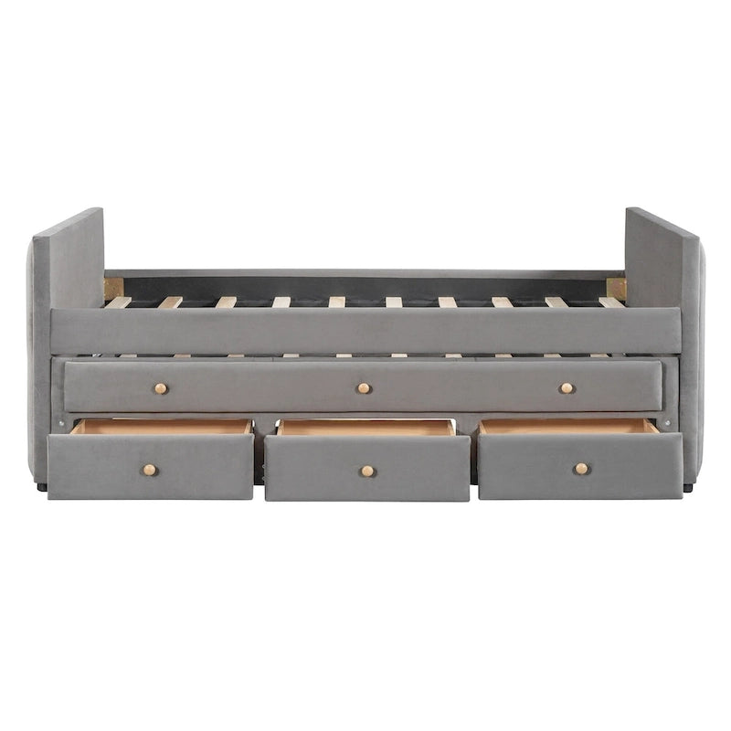 Divano letto imbottito singolo con rotelle e cassetti, in velluto, beige