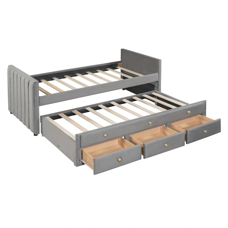 Divano letto imbottito singolo con rotelle e cassetti, in velluto, beige