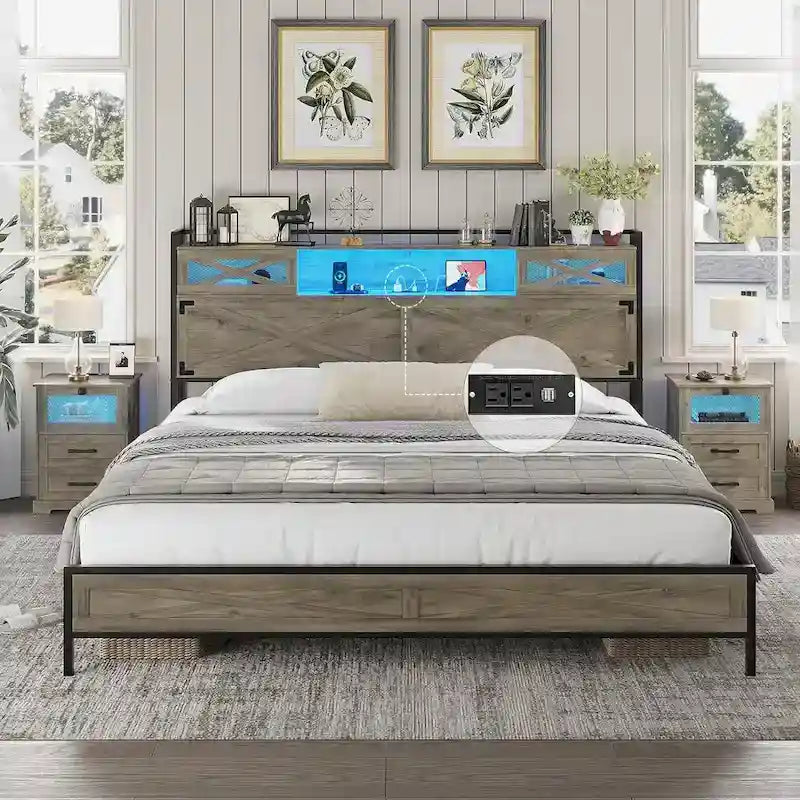 Farmhouse Bed Frame Storage Headboard Sliding Barn Door