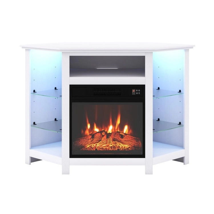 Mobile TV angolare con caminetto elettrico, luci LED e ripiani in vetro regolabili - 45 x 22 x 30