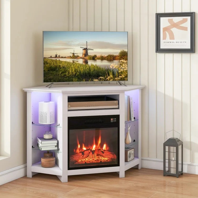 Mobile TV angolare con caminetto elettrico, luci LED e ripiani in vetro regolabili - 45 x 22 x 30