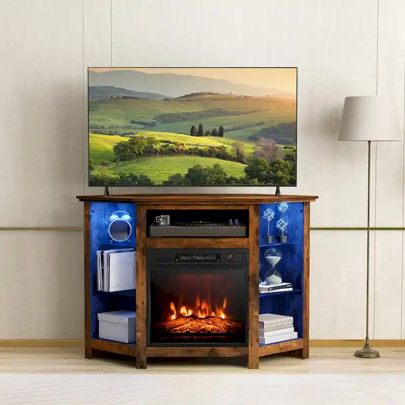 Mobile TV angolare con caminetto elettrico, luci LED e ripiani in vetro regolabili - 45 x 22 x 30