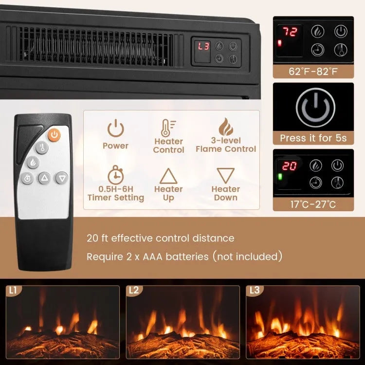 Mobile TV angolare con caminetto elettrico, luci LED e ripiani in vetro regolabili - 45 x 22 x 30
