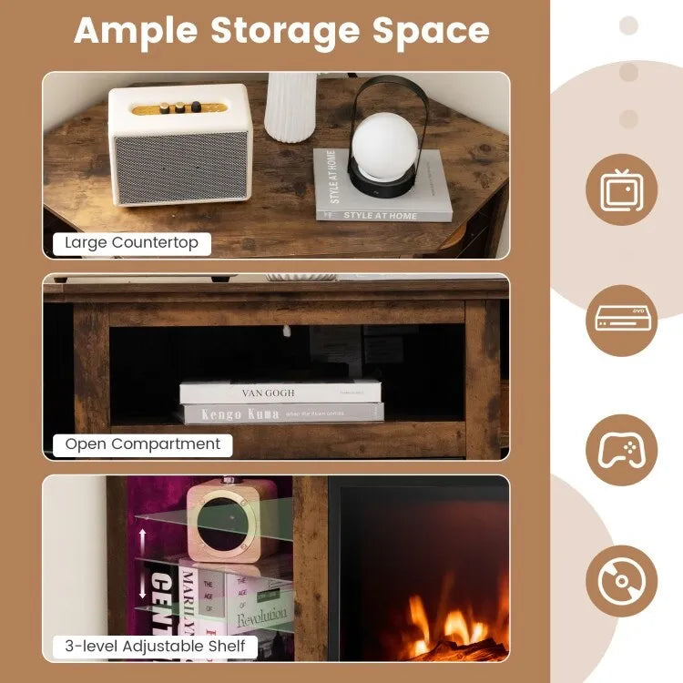 Mobile TV angolare con caminetto elettrico, luci LED e ripiani in vetro regolabili - 45 x 22 x 30
