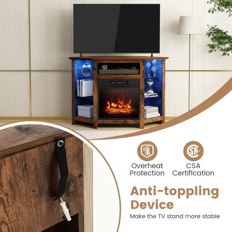 Mobile TV angolare con caminetto elettrico, luci LED e ripiani in vetro regolabili - 45 x 22 x 30