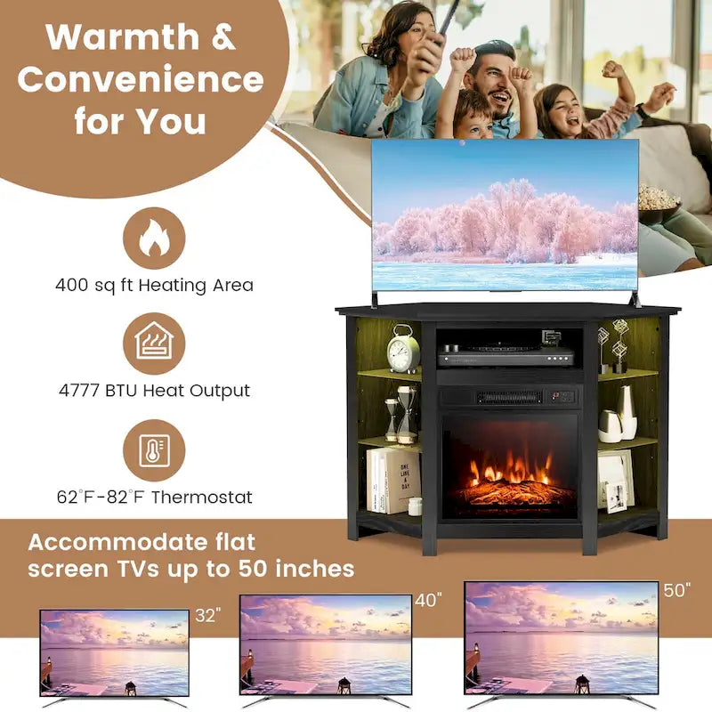 Mobile TV angolare con caminetto elettrico, luci LED e ripiani in vetro regolabili - 45 x 22 x 30