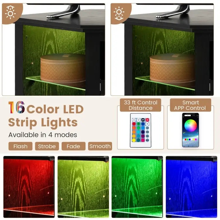 Mobile TV angolare con caminetto elettrico, luci LED e ripiani in vetro regolabili - 45 x 22 x 30