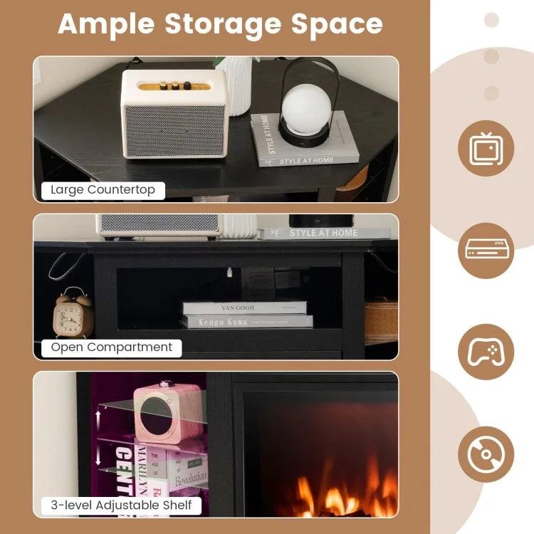 Mobile TV angolare con caminetto elettrico, luci LED e ripiani in vetro regolabili - 45 x 22 x 30