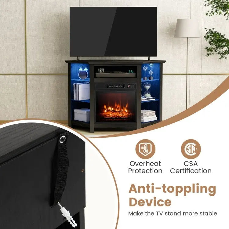 Mobile TV angolare con caminetto elettrico, luci LED e ripiani in vetro regolabili - 45 x 22 x 30