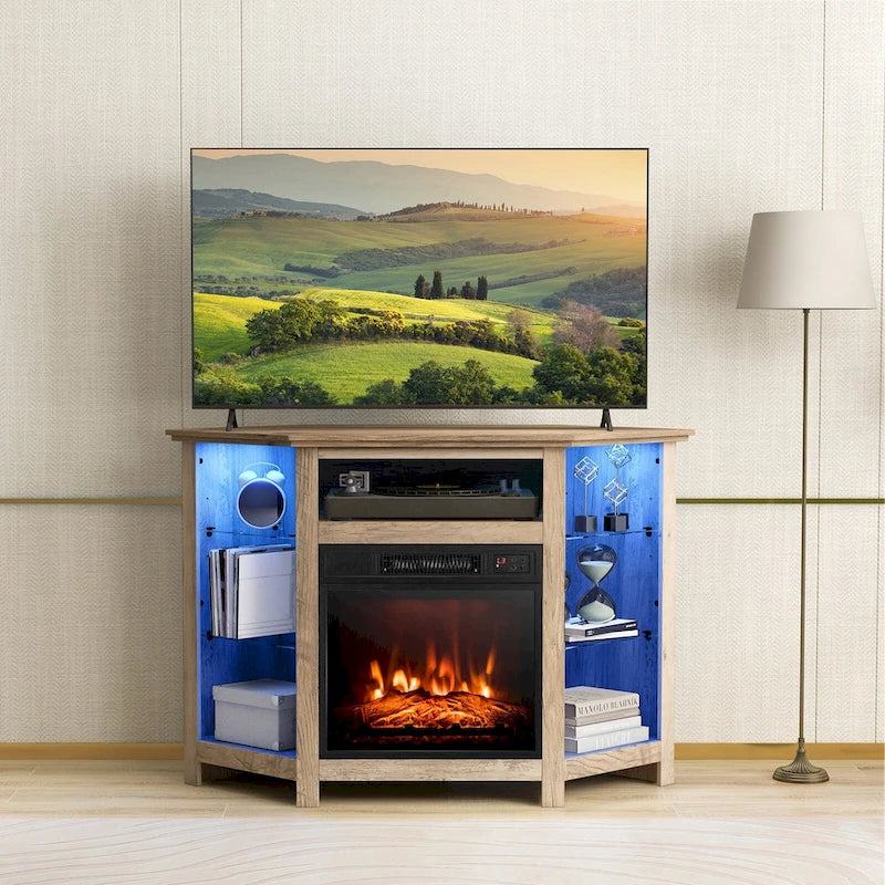 Mobile TV angolare con caminetto elettrico, luci LED e ripiani in vetro regolabili - 45 x 22 x 30