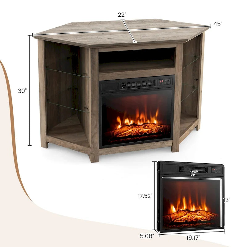 Mobile TV angolare con caminetto elettrico, luci LED e ripiani in vetro regolabili - 45 x 22 x 30