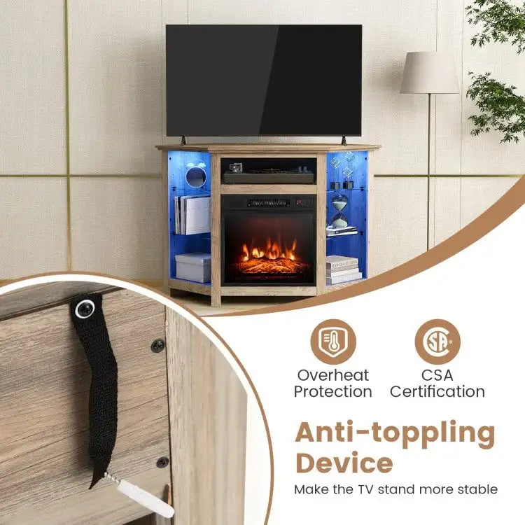 Mobile TV angolare con caminetto elettrico, luci LED e ripiani in vetro regolabili - 45 x 22 x 30