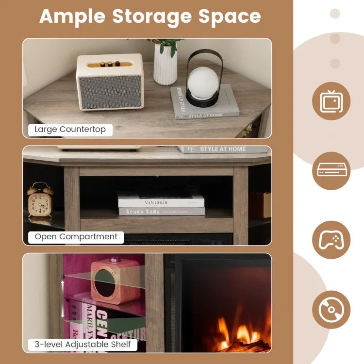 Mobile TV angolare con caminetto elettrico, luci LED e ripiani in vetro regolabili - 45 x 22 x 30