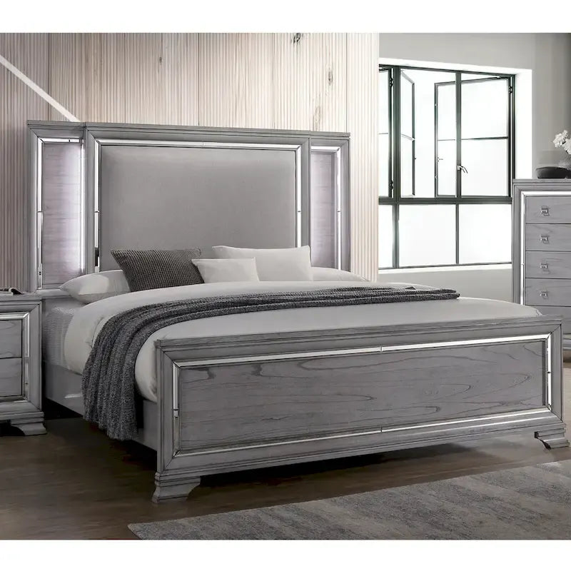 Taia Set Camera da Letto Contemporaneo 3 Pezzi Grigio con Letto, Comodino e Cassettiera con LED